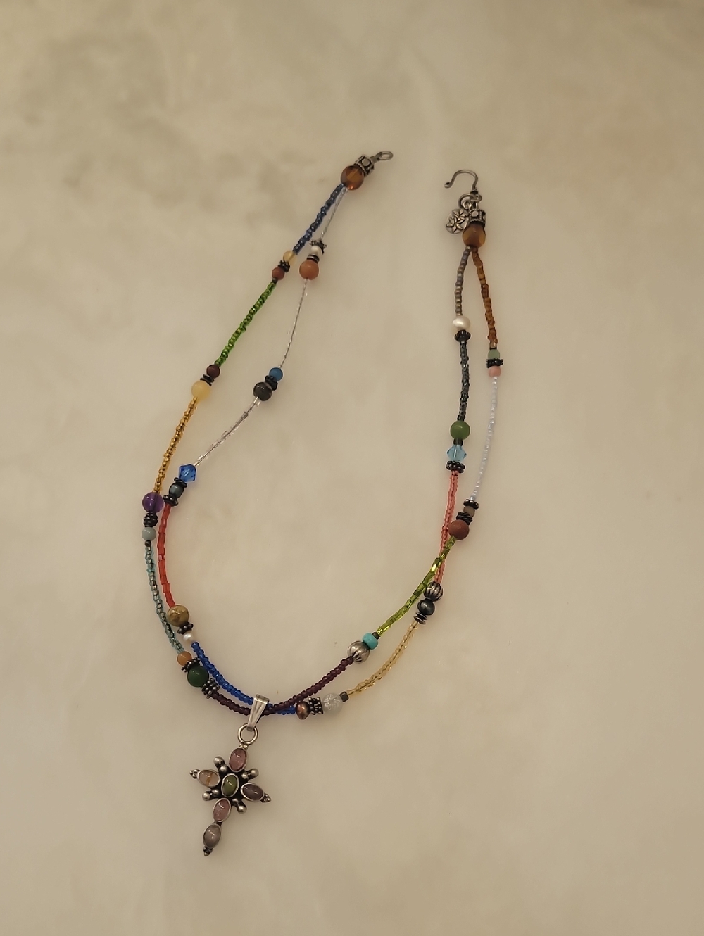 Handmade Sterling Beaded Necklace with Cross Charm
